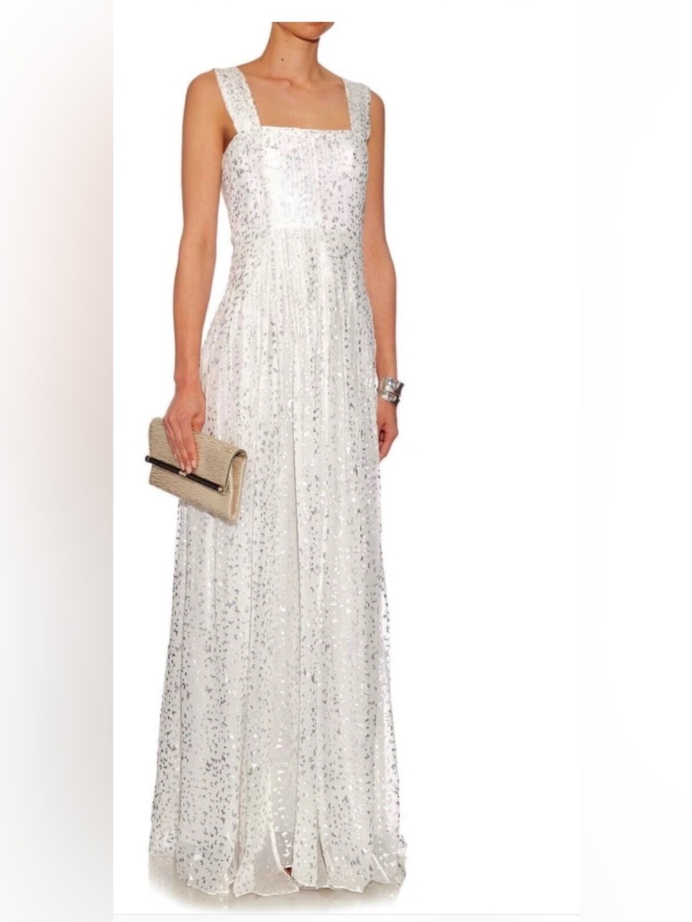 Diane von Furstenberg White Flutter Gown Silver Metallic Maxi Dress 0